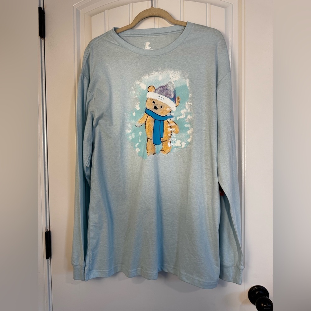 Light Blue Long-Sleeve Tee with Bear Graphic NWT